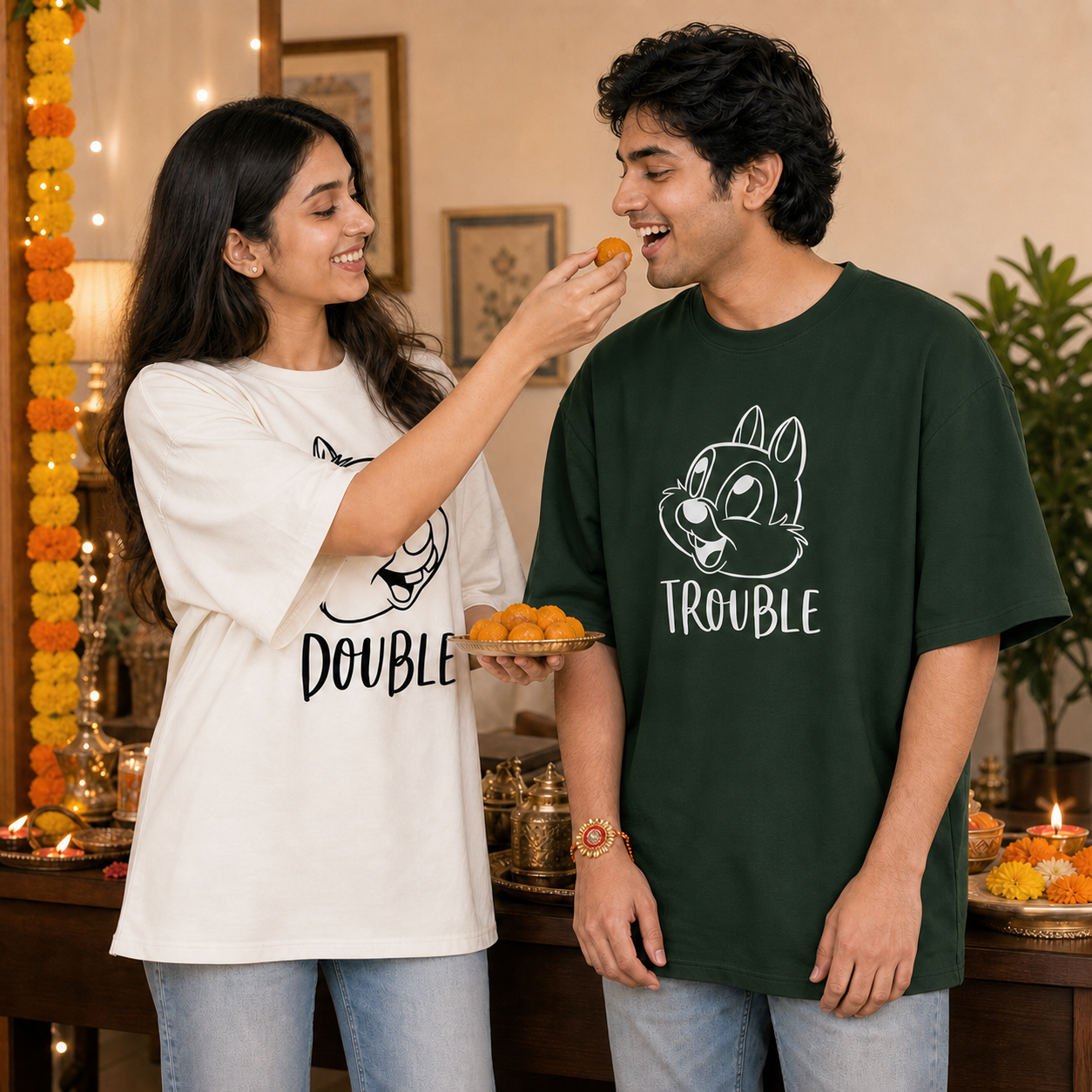 Double Trouble Personalised Unisex T-Shirts - Matching Set - Oversized - White - product gallery