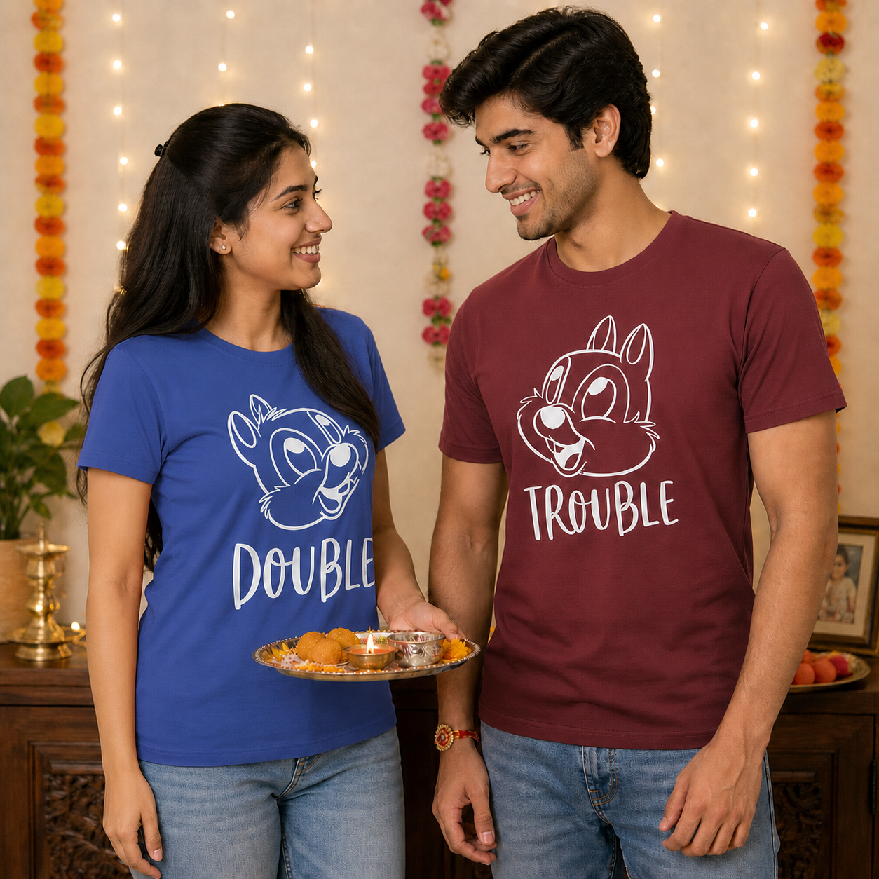 Double Trouble Personalised Unisex T-Shirts - Matching Set - Regular Fit - Maroon & Blue - product gallery
