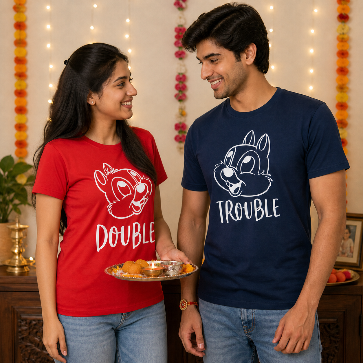 Double Trouble Personalised Unisex T-Shirts - Matching Set - Regular Fit - Navy Blue & Blue & Red - product gallery