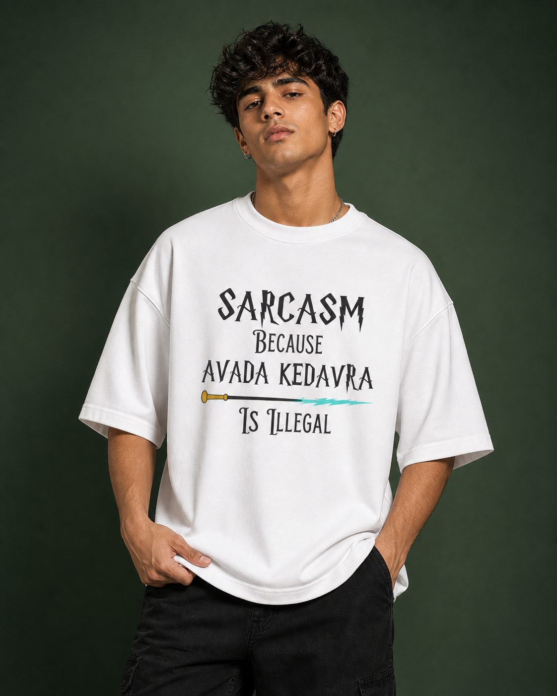 Sarcasm Avada Kedavra Unisex Oversized Tee in white - male model