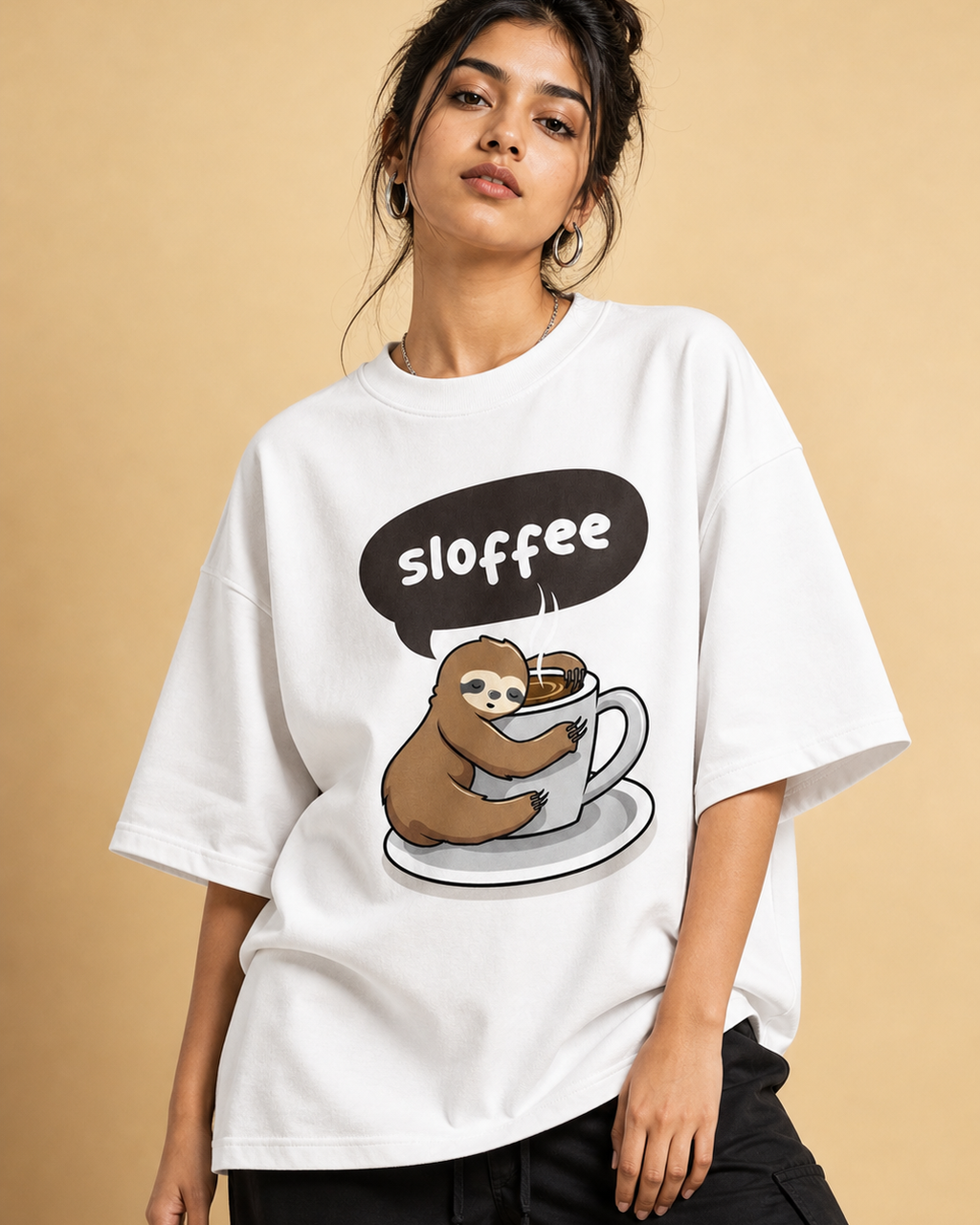 Sloffee Unisex Oversized Tee in white - female model
