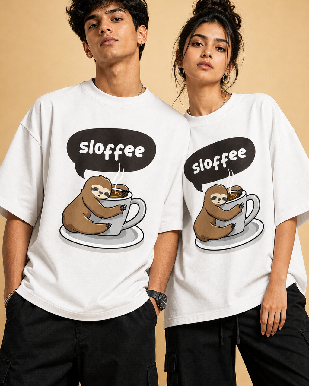 Sloffee Unisex Oversized Tee in white - couple