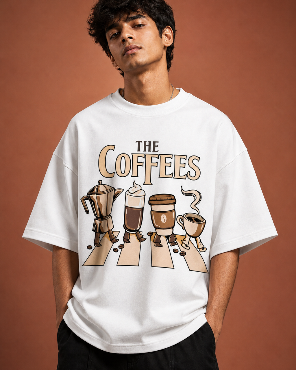 The Coffees Unisex Oversized Tee in white - male model