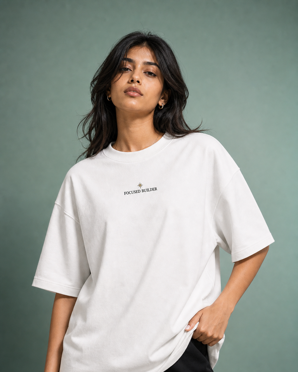 The Focused Builder Unisex Oversized Tee - female model styling