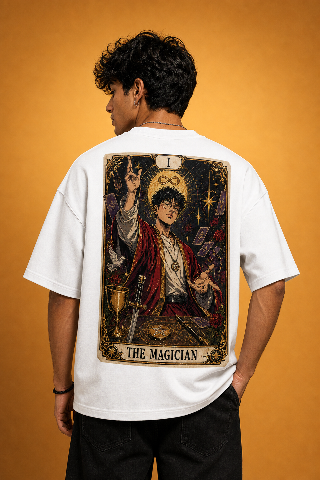 The Magician Unisex Oversized Tee - male model back styling