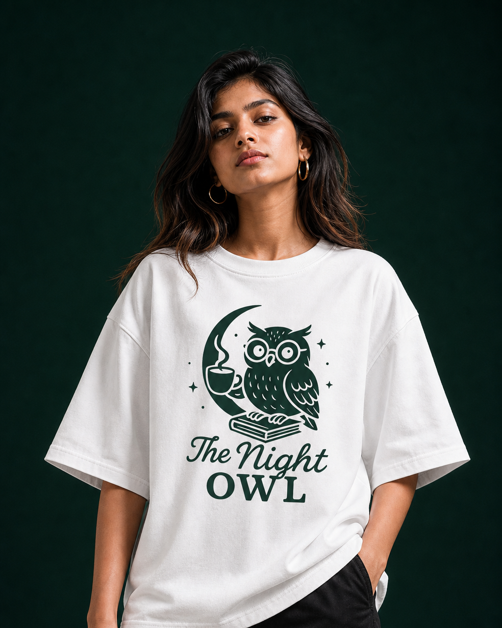 The Night Owl Unisex Oversized Tee in white - female model