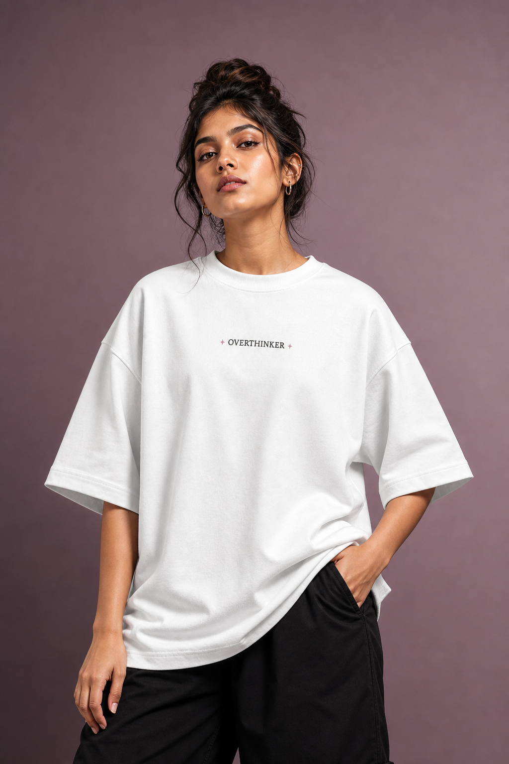 The Overthinker Backprint Unisex Oversized Tee in white - female model