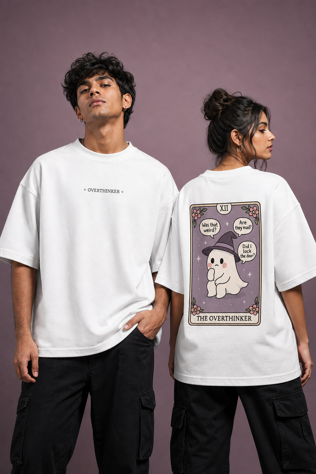The Overthinker Backprint Unisex Oversized Tee in white - couple