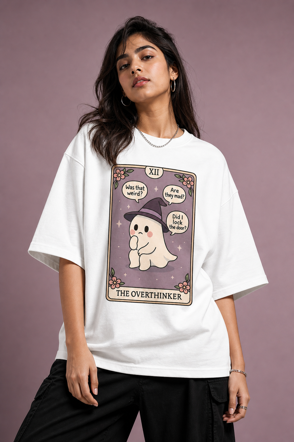 The Overthinker Unisex Oversized Tee in white - female model