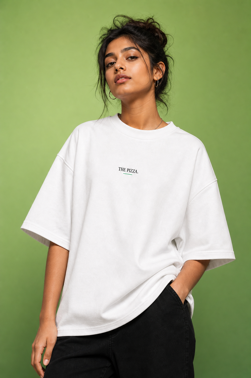 The Pizza Unisex Oversized Tee - female model styling