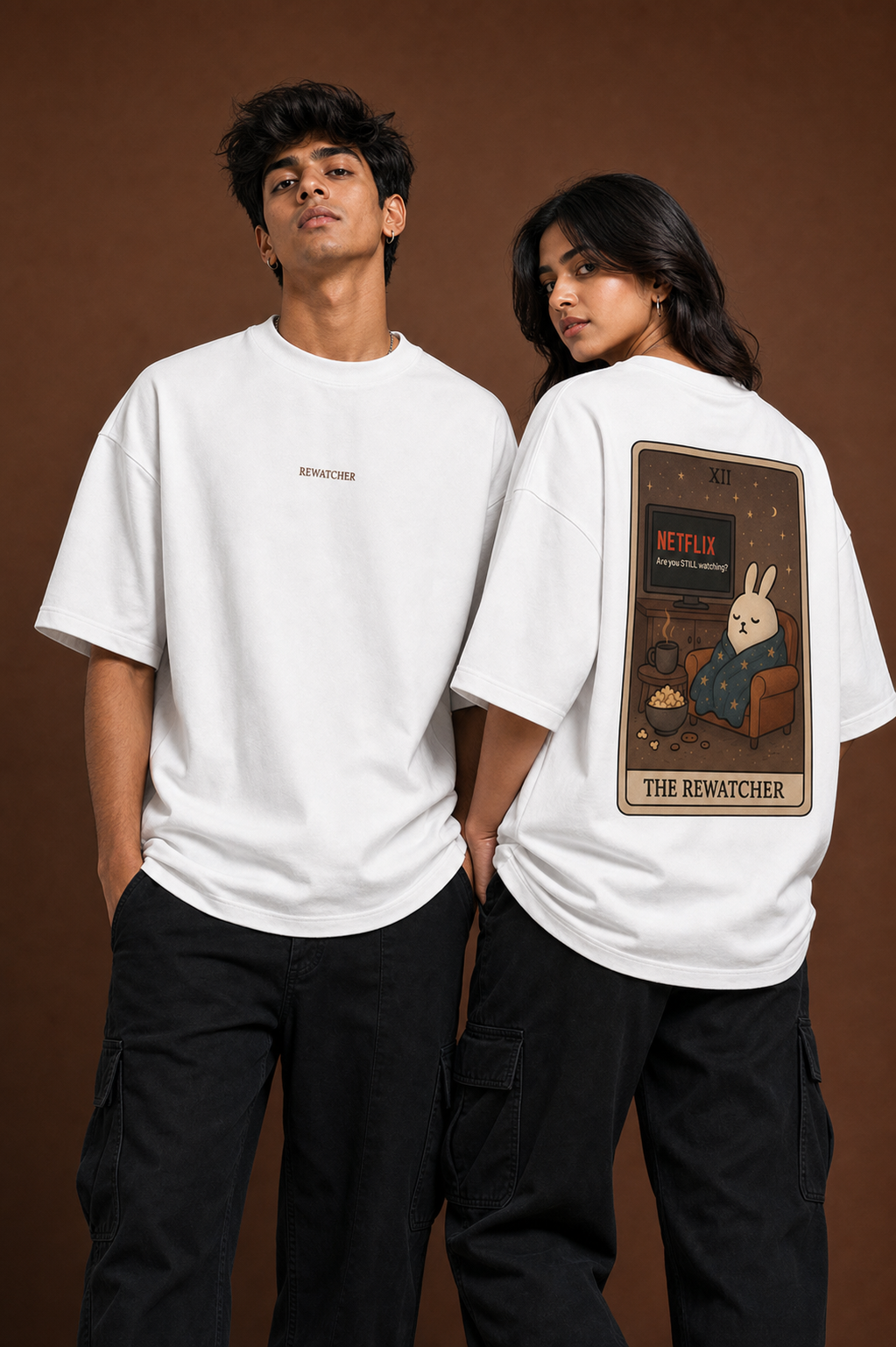The Rewatcher Unisex Oversized Tee in white - couple