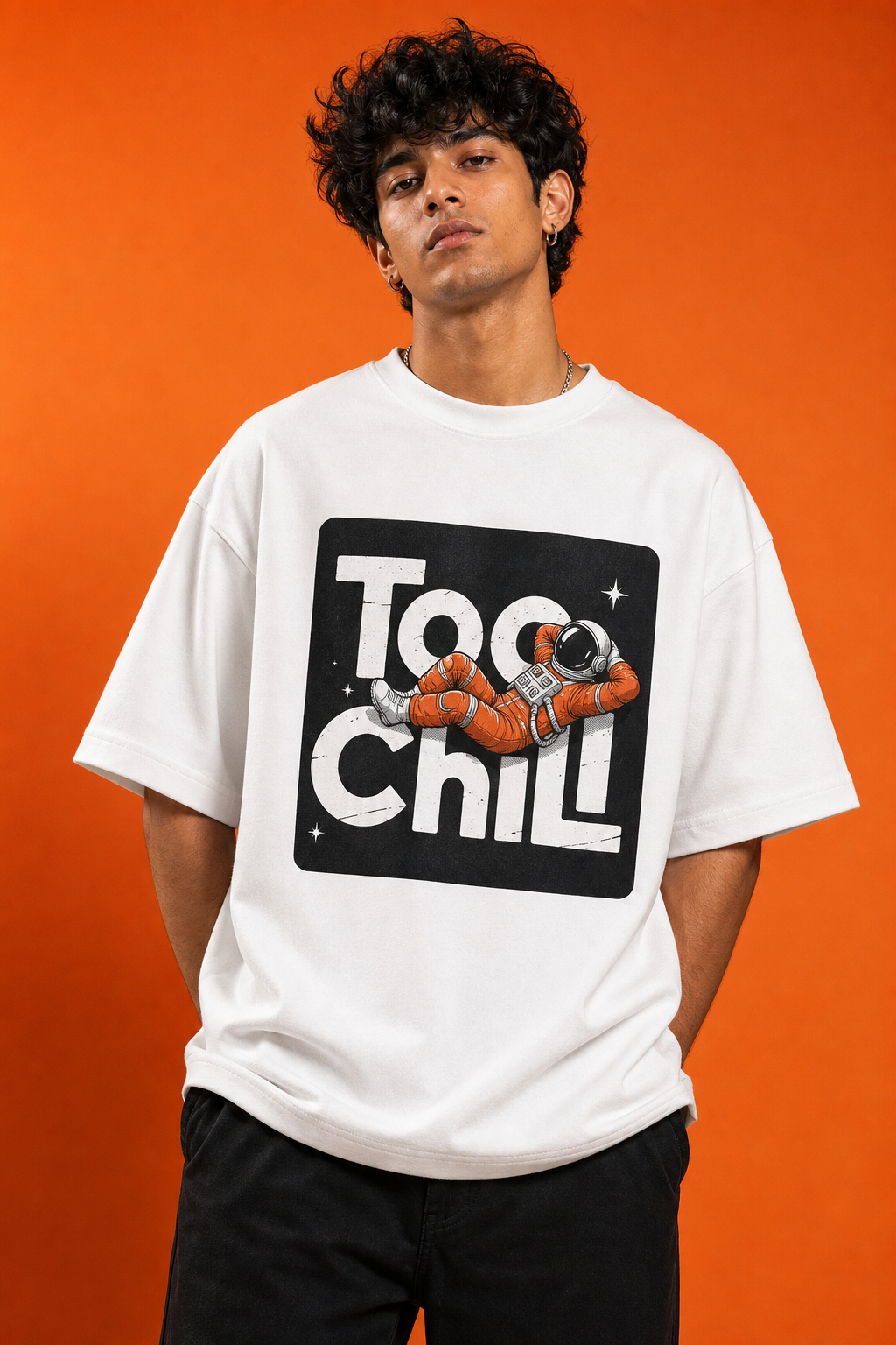 Too Chill Astronaut Unisex Oversized Tee in white - male model