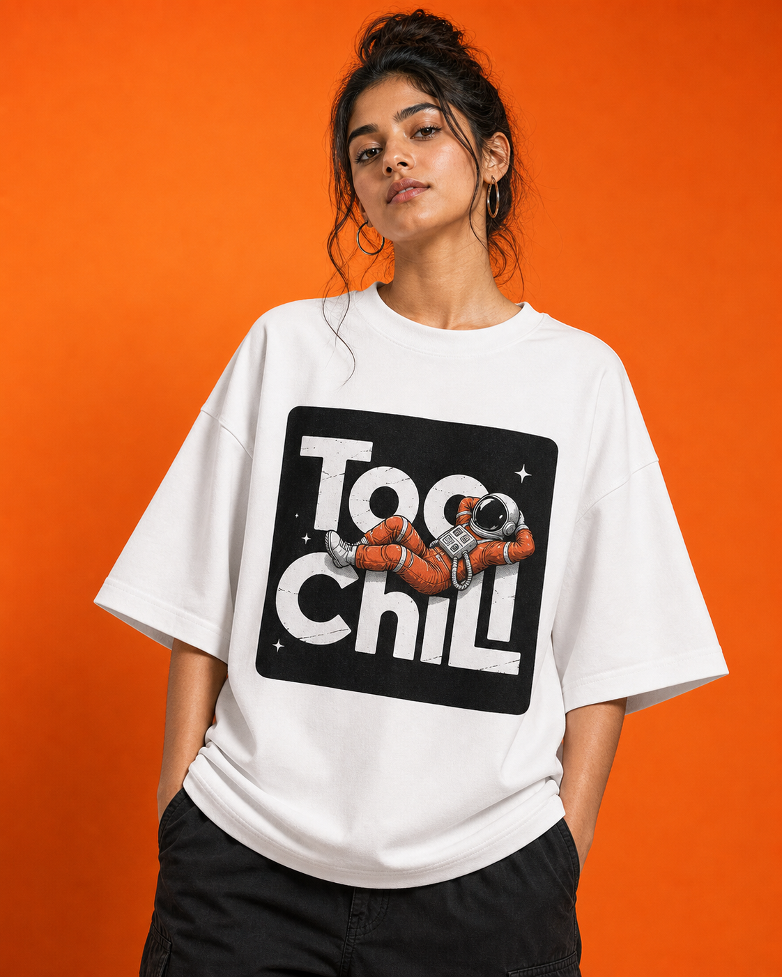Too Chill Astronaut Unisex Oversized Tee in white - female model