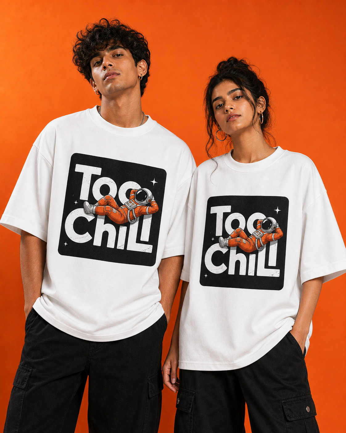 Too Chill Astronaut Unisex Oversized Tee in white - couple