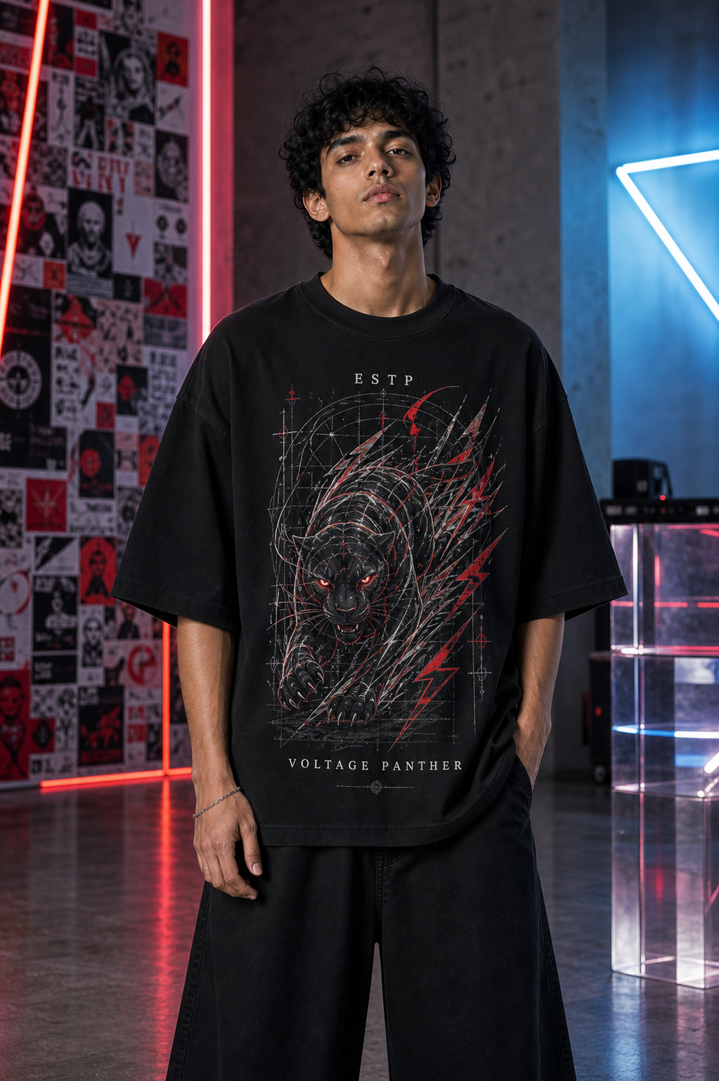 ESTP Voltage Panther main front view in Black - oversized 240 GSM French Terry t-shirt