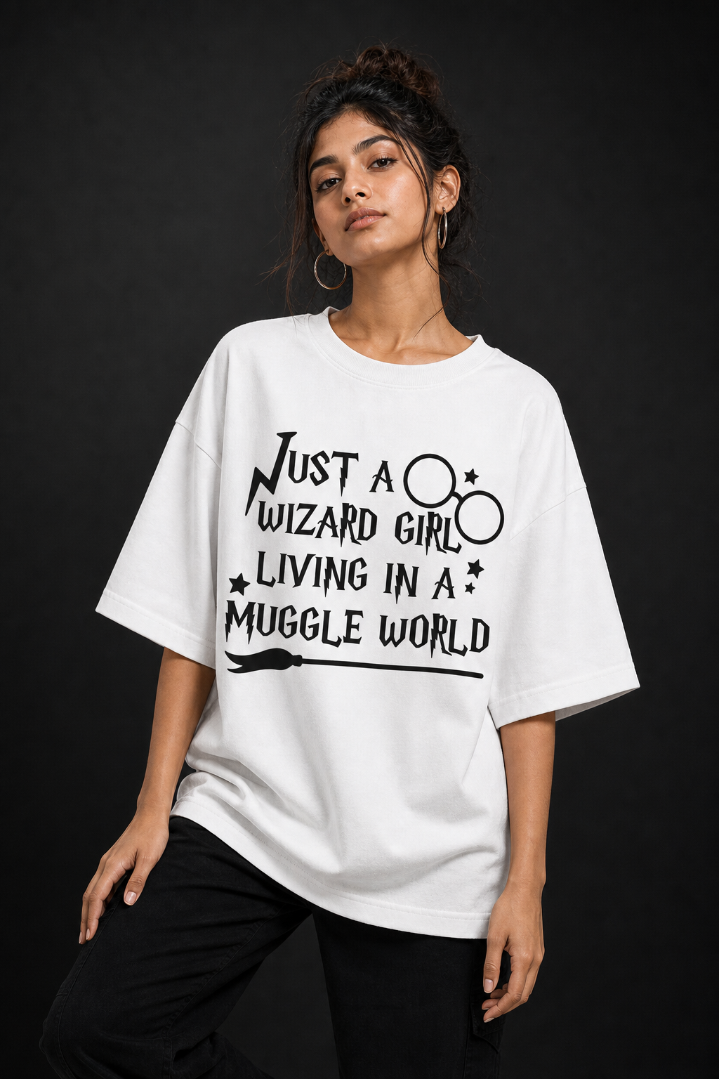 Wizard Girl Muggle World Unisex Oversized Tee in white - female model